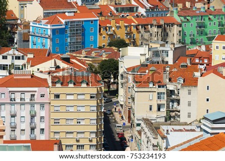Aerial view of old streets of Lisbon.