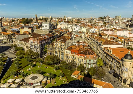 A view across the roof tops of Porto, Portugal from the Clerigos Tower on a sunny afternoon