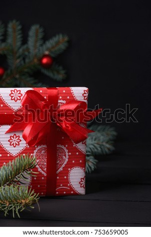 New Year greeting card. Gift box and christmas decoration