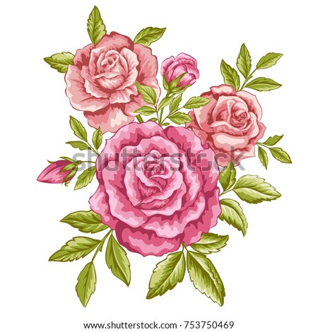 Beautiful vector illustration with delicate flowers for design of greeting card and invitation. Lovely bouquet with pink roses