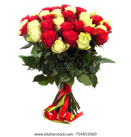 A bouquet of many two color fresh roses isolated on white background