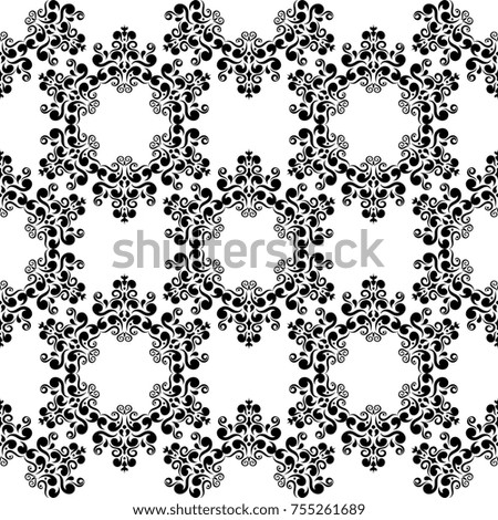 Black and white floral ornaments, monochrome seamless pattern. Raster version