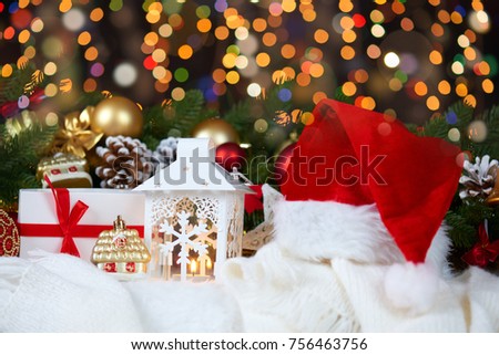 background from christmas decoration with lights on dark, happy new year and winter holiday concept
