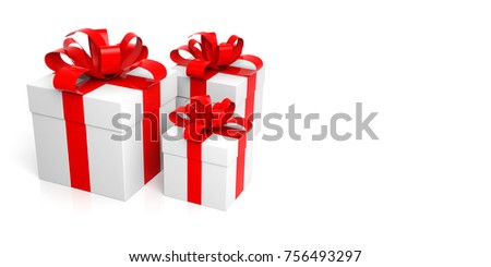 White gift boxes with red ribbons isolated on white background. 3d illustration