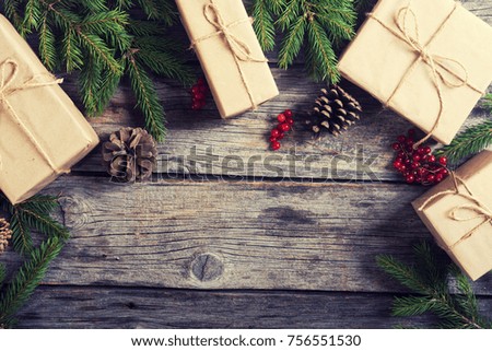 Gifts , viburnum , hazelnut and christmas tree . Xmas concept