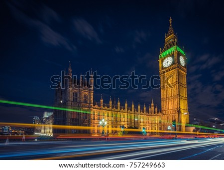 The Palace of Westminster and the Elizabeth Tower (more popularly known as Big Ben), in London, England.