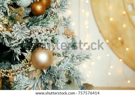 Background for christmas card. Christmas tree and decorations.