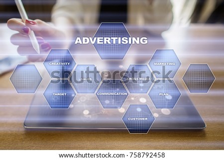 Avertising, marketing strategy. Icons and graphs on virtual screen. Business, internet and technology concept.