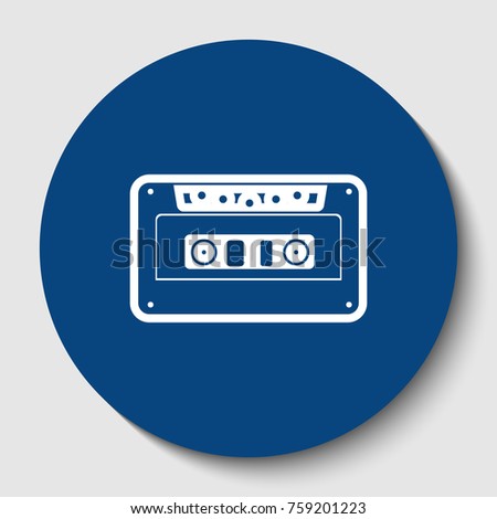 Cassette icon, audio tape sign. Vector. White contour icon in dark cerulean circle at white background. Isolated.