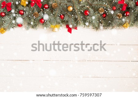 Christmas white wooden background with fir tree. View with copy space. Blue spruce.