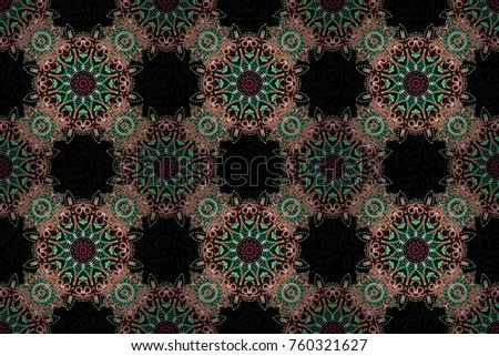 Seamless classic raster pattern. Traditional orient ornament. Classic vintage ornament in beige, pink and green colors on a black background.