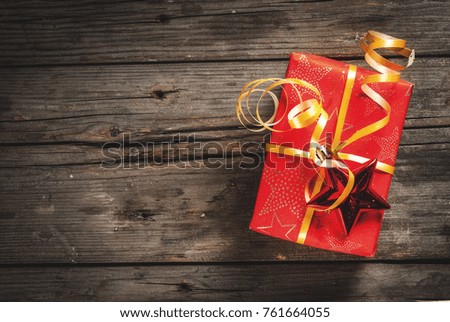 Christmas gift boxes, old rustic wooden background, copy space top view