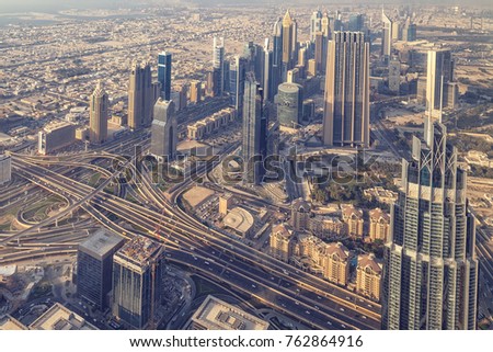 Dubai downtown day scene. Top view from above.