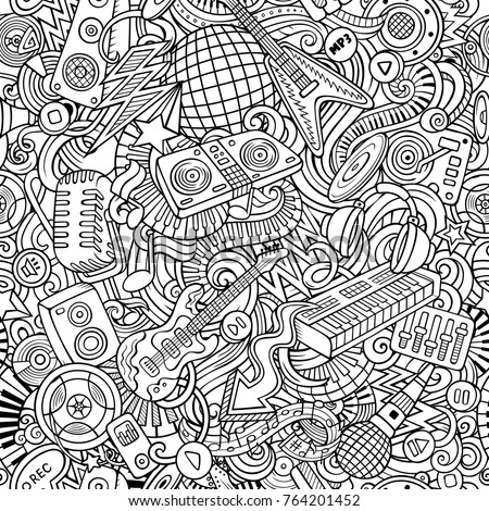 Cartoon cute doodles Disco music seamless pattern. Line art, detailed, with lots of objects background. All elements separate. Backdrop with musical objects
