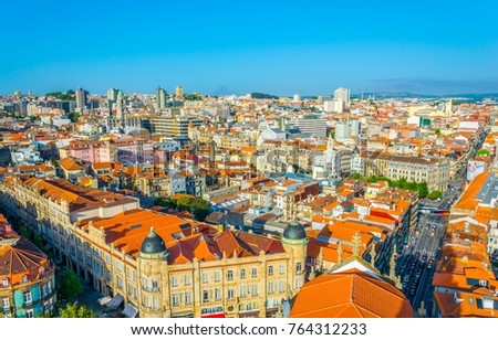 Aerial view of Porto from the torre dos clerigos in Portugal.
