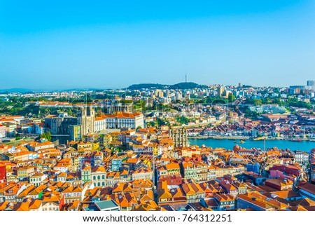 Panorama view of Porto including the episcopal palace, monastery da serra do pilar and the cathedral from torre dos clerigos, Portugal.

