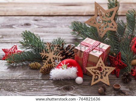 Christmas composition on old wooden background