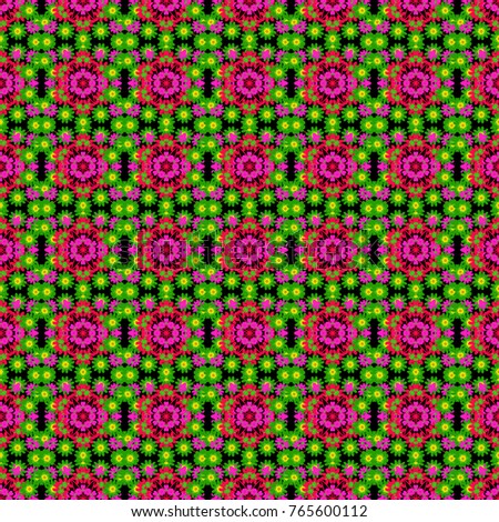 Print for fabric and paper. Seamless pattern with mandalas in green, black and magenta colors. Cute background.