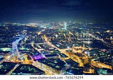 View of Frankfurt at night from the main tower.