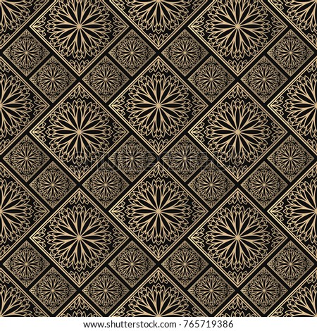 Islamic vector design. Seamless pattern oriental ornament. Black and golden textile print. Floral tiles.