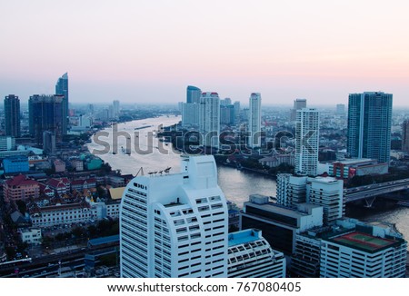 Bangkok view with river side. soft sunset time. megapolis, light, buildings, asia, Background , copy space, cit, tower