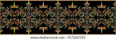 Embroidery colorful floral vector seamless border pattern. Tapestry  damask flowers, leaves, lines, swirls. Embroidered ornaments. Grunge hatching texture. Tapestry wallpaper. Luxury gobelin design