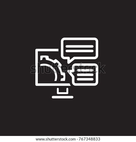 Engineering Solutions Icon. Gear and Computer. Development Symbol. Flat Line Pictogram. Isolated on white background.