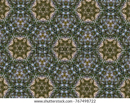 Multicolor mosaic pattern kaleidoscope in blue, brown and green tones