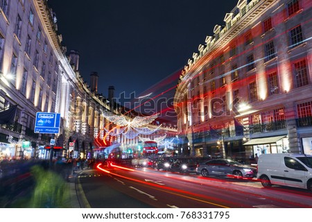 LONDON UK - 2ND DECEMBER 2017; Light trails along Regent Street in London illuminated at night