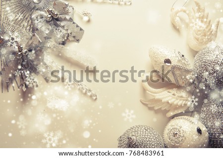 birght vintage christmas background with toys and snowflakes