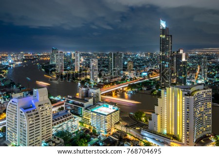 Bangkok city - Aerial view  curve Chao Phraya River Bangkok city downtown skyline of Thailand , Panoramic Cityscape Thailand