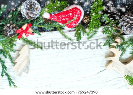Christmas and New Year on white. Copy space for text on wood background.