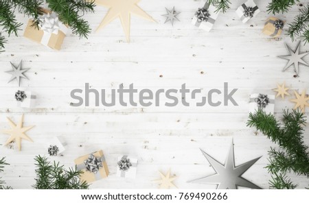 3d rendering top view of christmas composition: silver and golden gifts, knnitted blanket, stars and on wooden white background