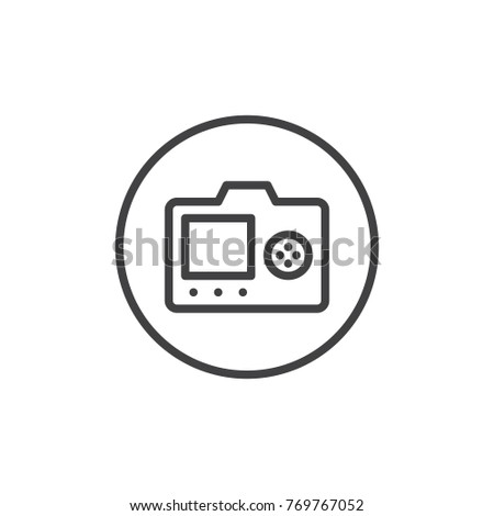 LCD screen of DSLR photo camera with control buttons line icon, outline vector sign, linear style pictogram isolated on white. Back side of digital camera symbol, logo illustration. Editable stroke