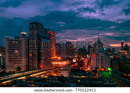 Aerial view of Sukhumvit Road District in the evening light, Bangkok, Thailand
