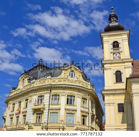Old building and church tower in Brasov, Romania