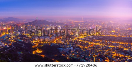 Aerial view of Seoul City Skyline at Night,South Korea.