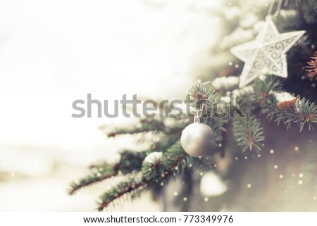 Christmas decoration with snow on winter nature background