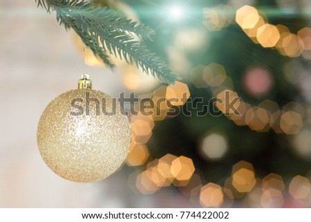 Christmas Tree Branches Balls Decoration New Year with bokeh lights on background