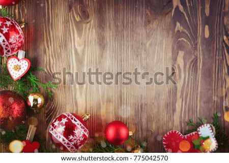 Christmas Decoration Over Wooden Background. Decorations over Wood. Vintage