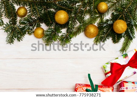 Merry Christmas copy place for inscription on wood white background (top view), place for wishes text