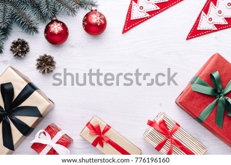 Beautiful celebratory Christmas background. New Year's holidays. Christmas holidays. Beautiful Christmas decorations on the wooden background