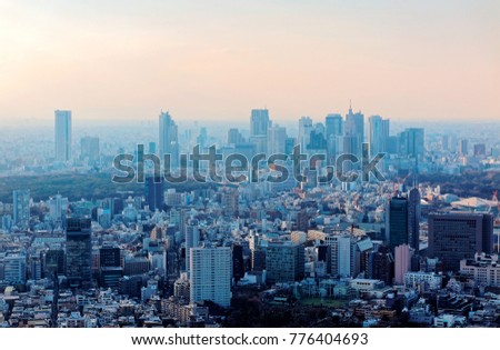 Aerial panorama of Downtown Tokyo at sunset, with high-rise office towers clustering in Shinjuku District & an urban park among crowded buildings in hazy dusk ~ City skyline of Tokyo in misty twilight