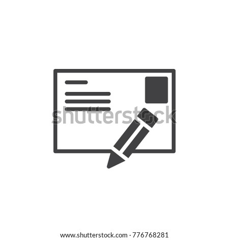 Postcard letter and pen icon vector, filled flat sign, solid pictogram isolated on white. Writing message symbol, logo illustration.