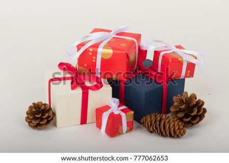 Christmas holidays composition with decorations and gift boxes on white background with copy space for your text.
