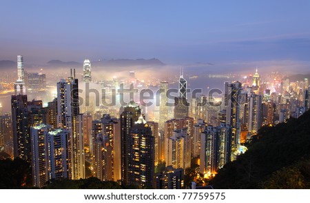 Hong Kong at foggy evening. View from The Peak