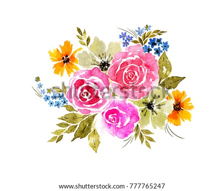 A beautiful tender bouquet, roses, forget-me-nots, chamomiles, leaves, grass. A magnificent composition, a bouquet of the bride. Watercolor painted hands for you with love