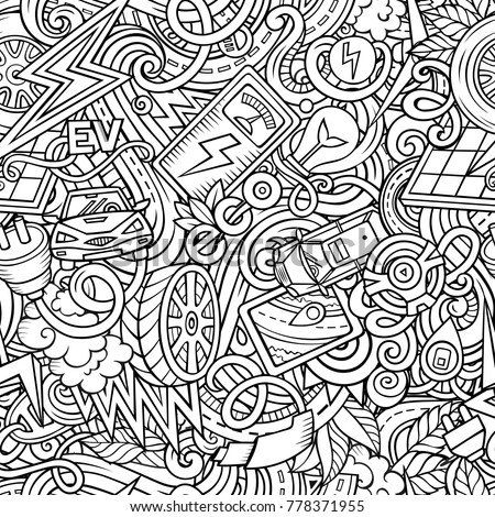 Cartoon cute doodles Electric vehicle seamless pattern. Line art detailed, with lots of objects background. All objects separate. Backdrop with eco cars symbols and items