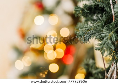 New Year 2020. Beautiful bokeh. New Year mood, Christmas tree, Christmas tree toys.