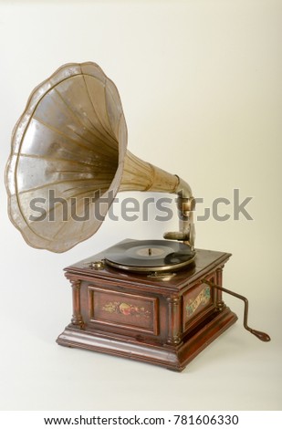 Vintage gramophone with horn speaker isolated on white